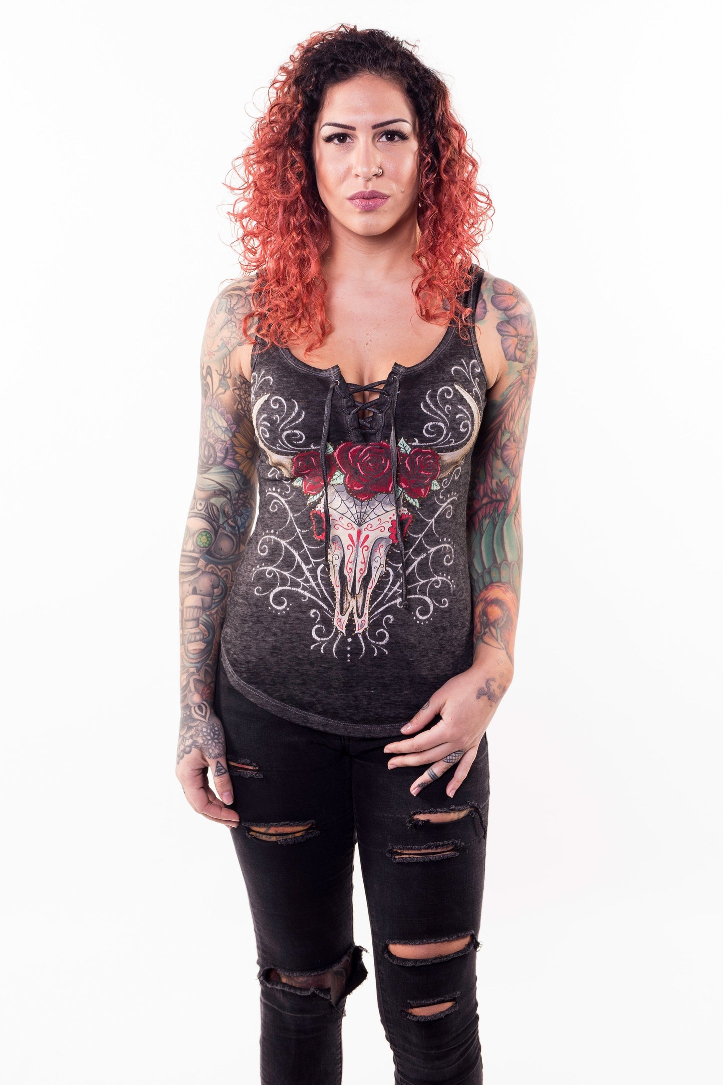 DOD Western Skull Lace Up Tank Top