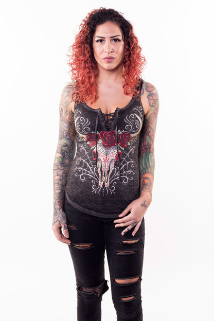 DOD Western Skull Lace Up Tank Top