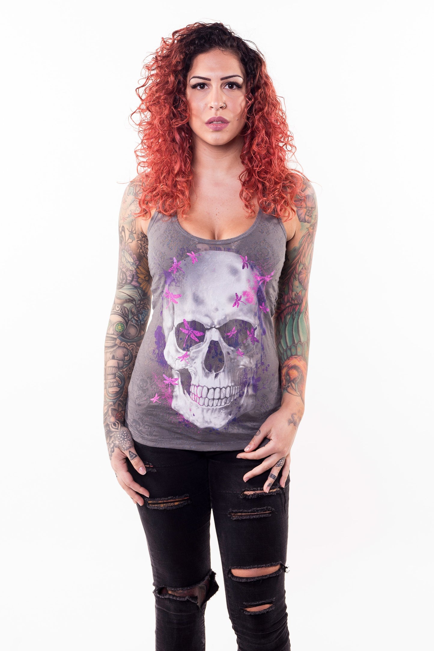 Dragonfly Skull Burn Out Razor Back Tank Top