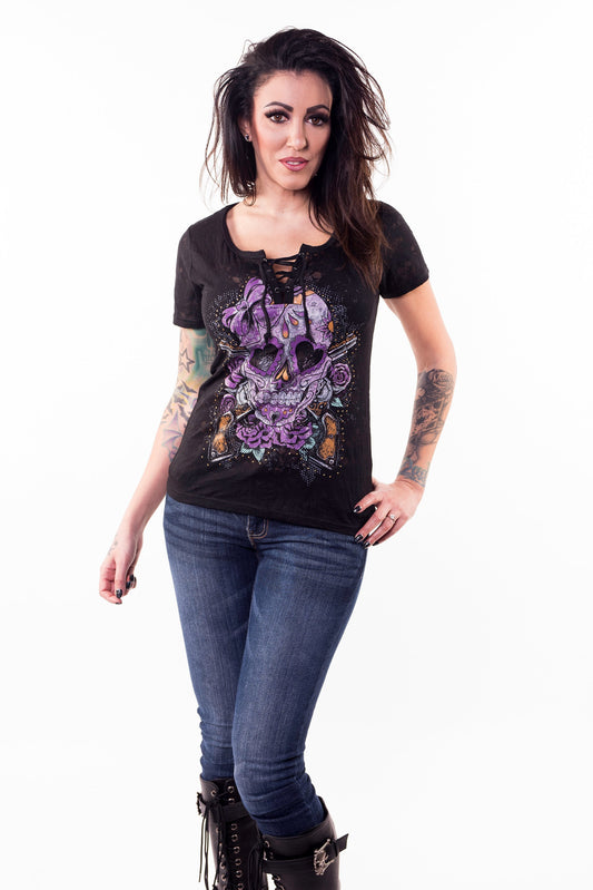Vintage Day of the Dead Skull n Guns Burn Out Lace Up Tee