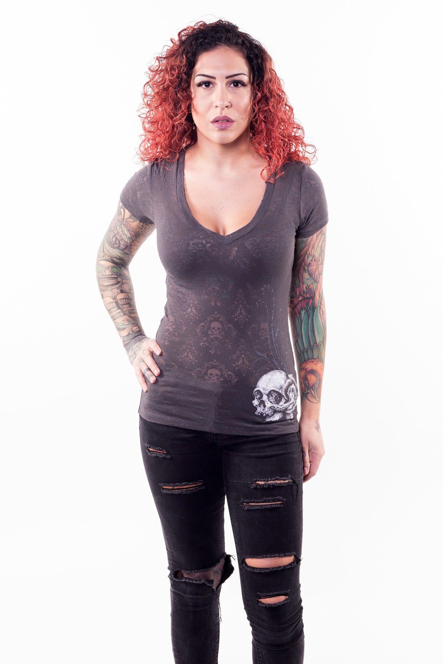 Wing Skull Burn Out Scoop Neck Tee