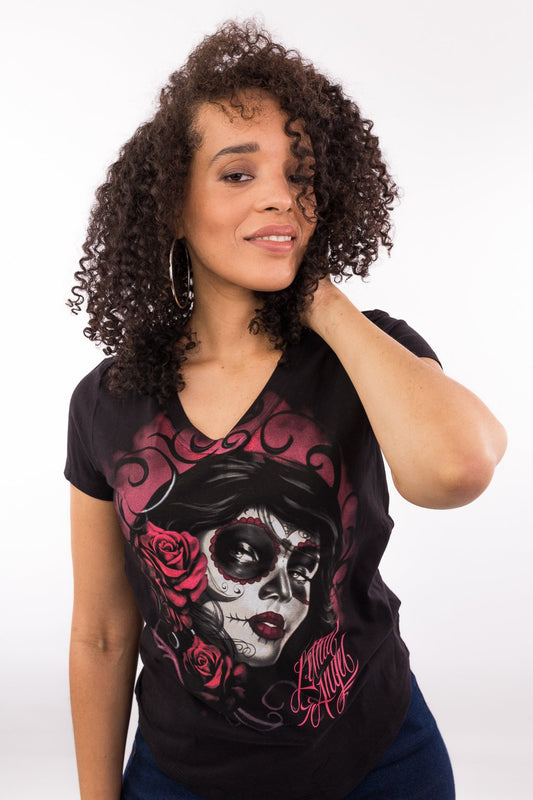 Red Catrina V Neck Tee
