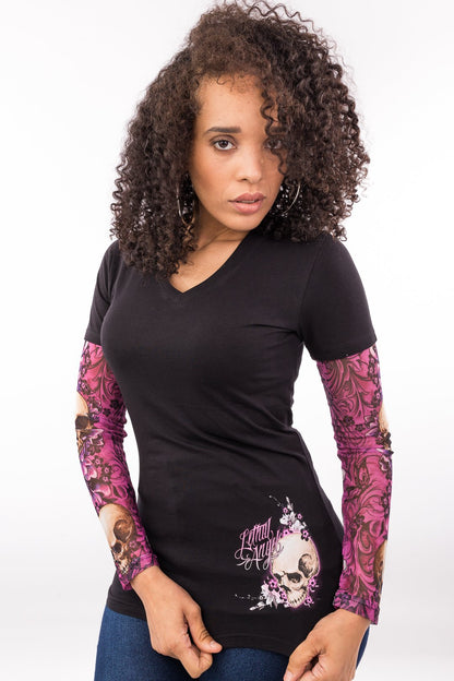 Skull Blossoms Tattoo Sleeve V Neck Shirt