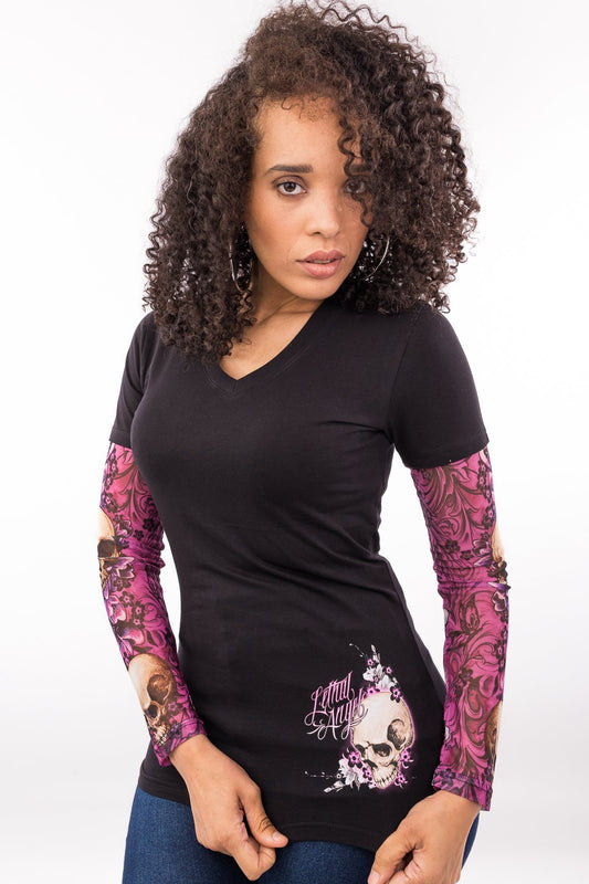 Skull Blossoms Tattoo Sleeve V Neck Shirt