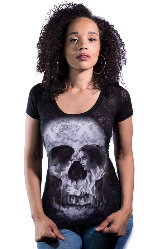 Skull Couple Burn Out Scoop Neck Tee