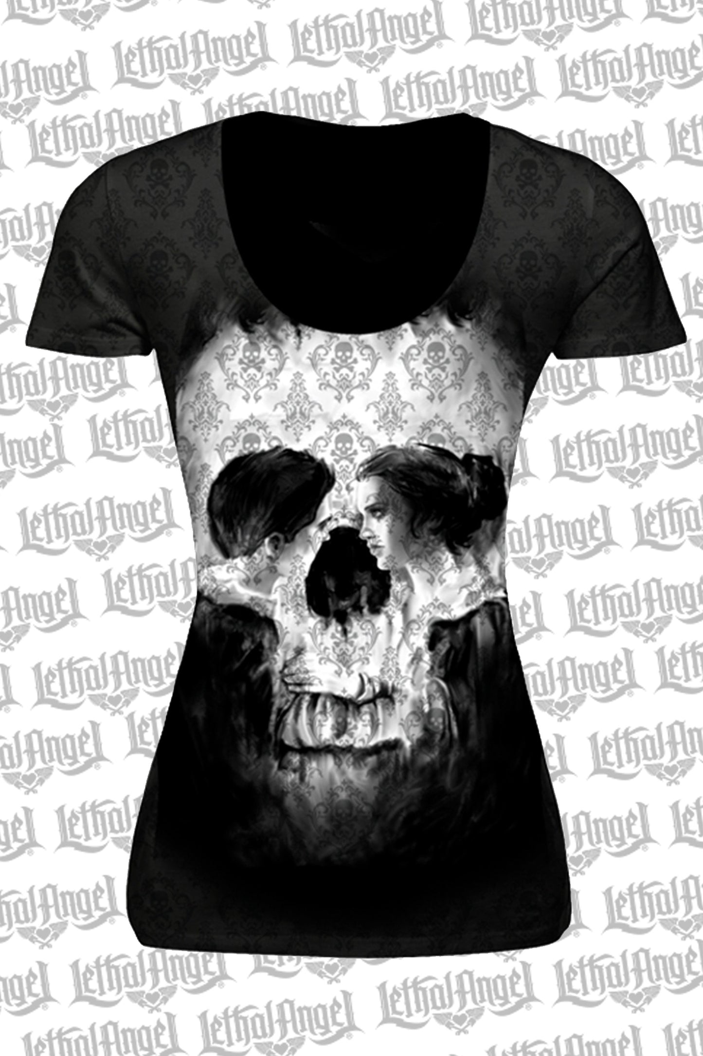 Skull Couple Burn Out Scoop Neck Tee