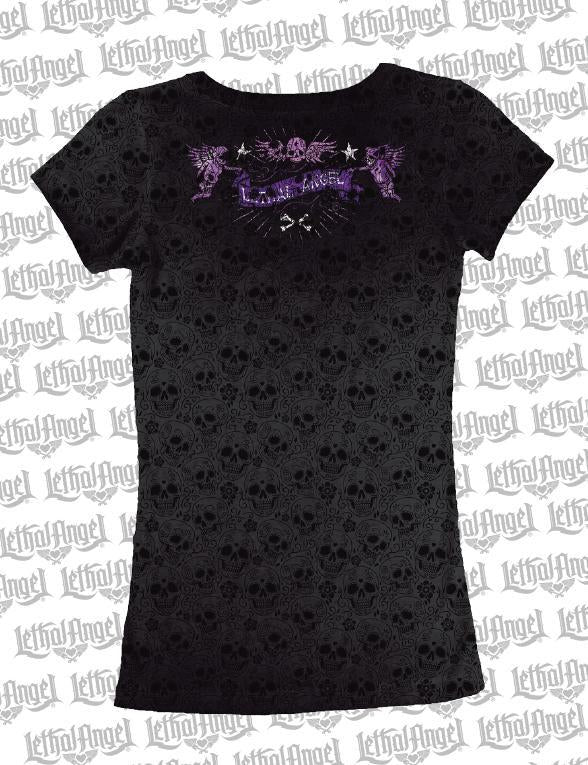 Vintage Day of the Dead Skull n Guns Burn Out Lace Up Tee