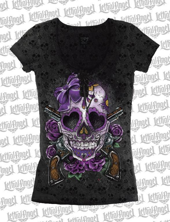 Vintage Day of the Dead Skull n Guns Burn Out Lace Up Tee