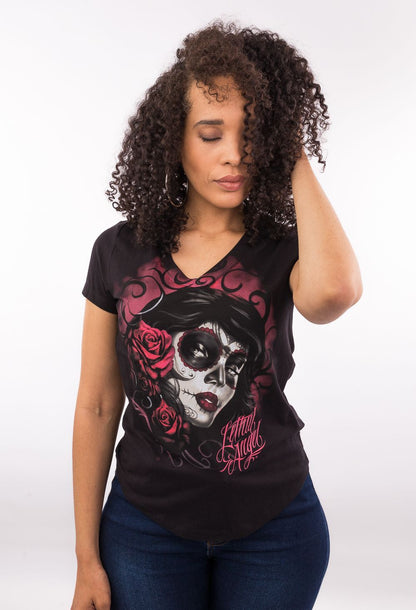 Red Catrina V Neck Tee