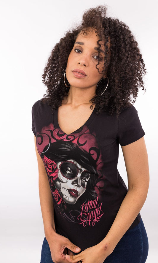 Red Catrina V Neck Tee