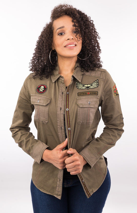 Untamed Army Green Embroidered Button Down Shirt