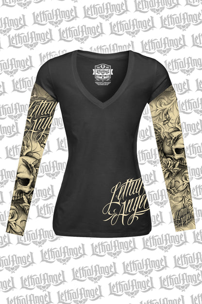 Skull Butterfly Tattoo Sleeve V Neck Shirt