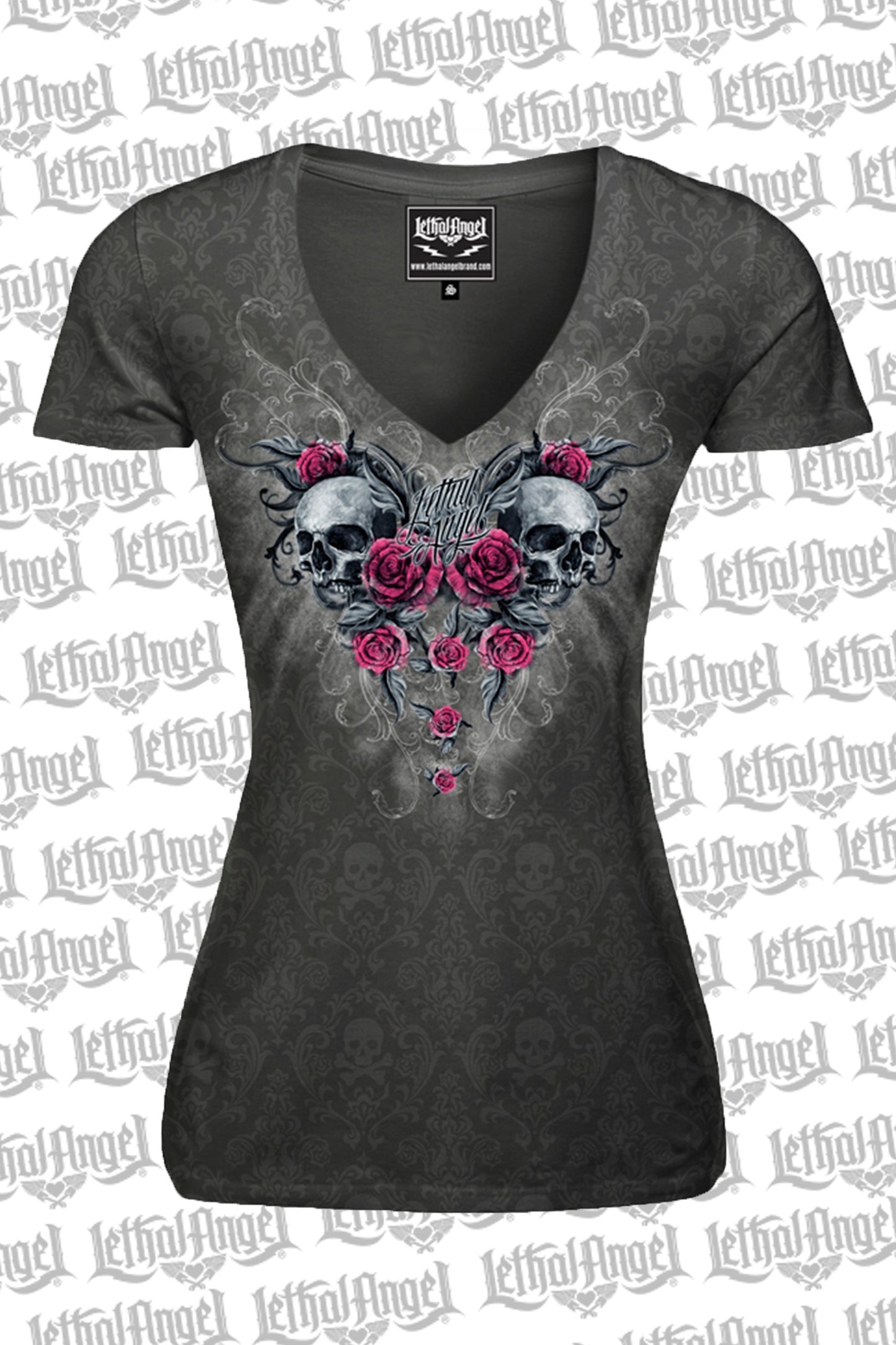 Twin Rose Skulls Burn Out V Neck Tee