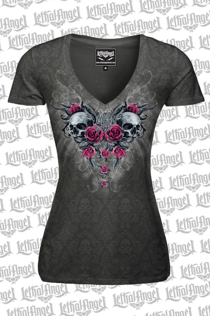 Twin Rose Skulls Burn Out V Neck Tee