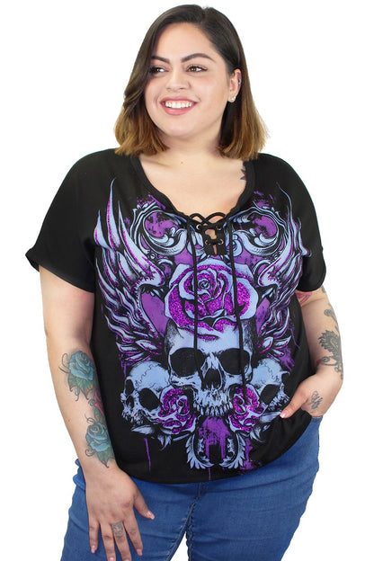 Rose Skull Lace Up Tee Shirt