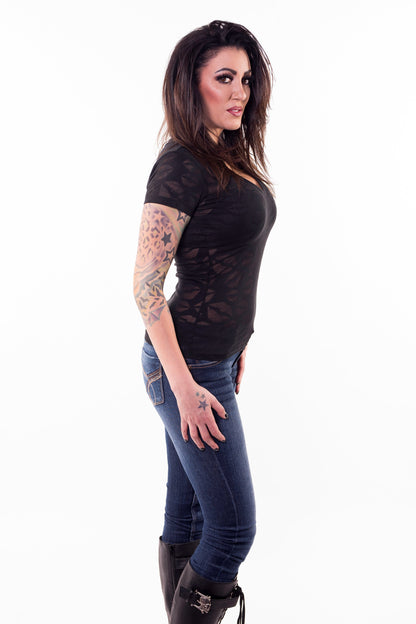 Lip Pattern Burn Out V-Neck Tee - No Printed Graphic