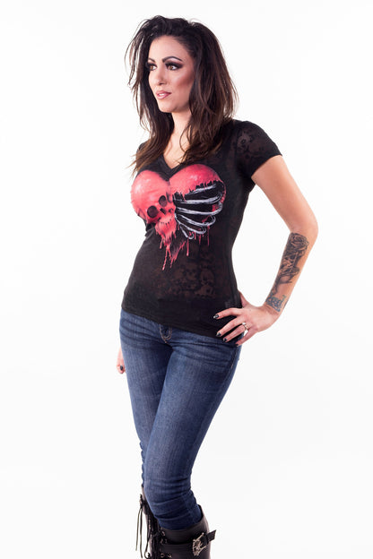 Rib Cage Skull Heart Burn Out Scoop Neck Tee