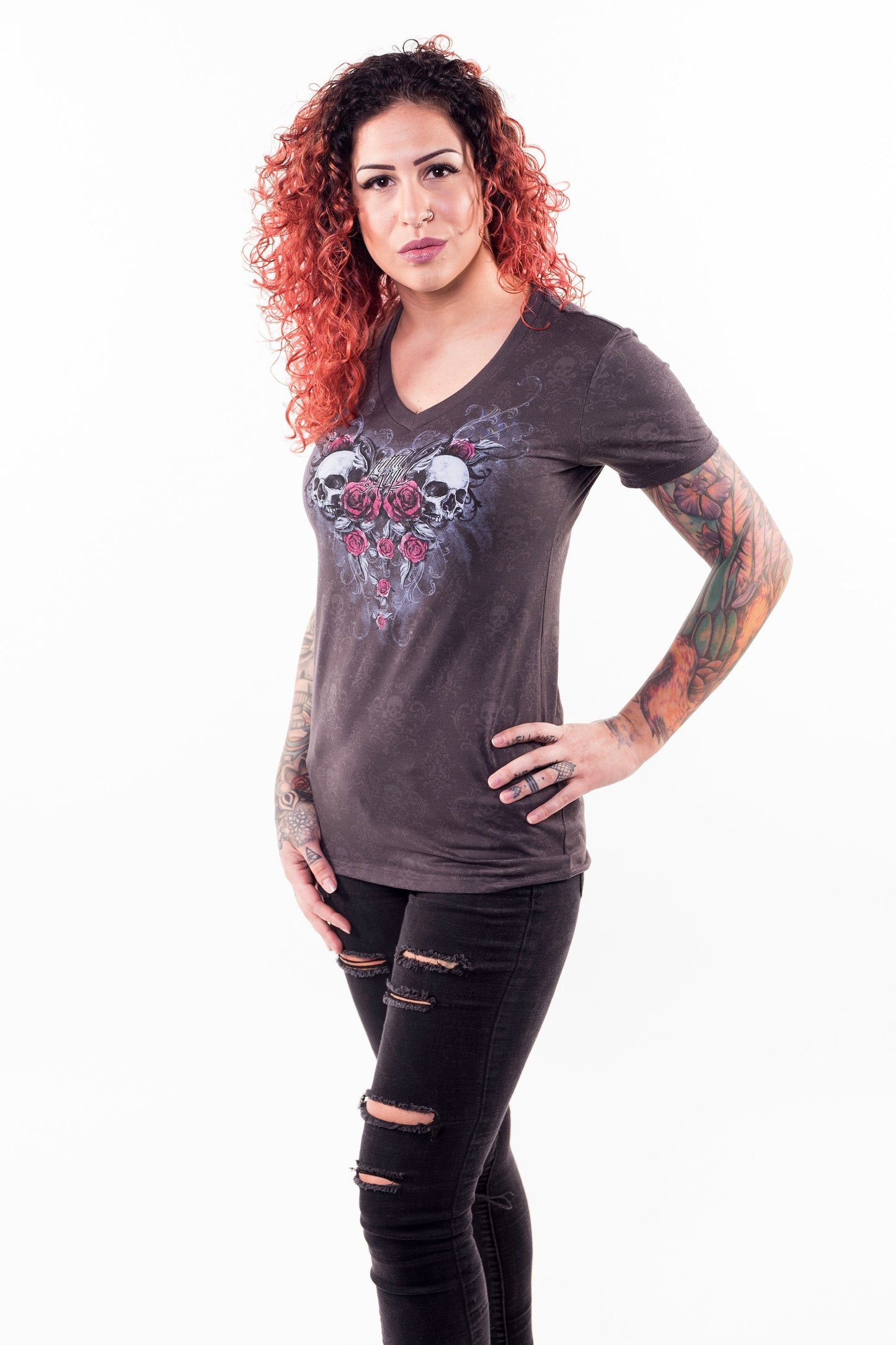 Twin Rose Skulls Burn Out V Neck Tee