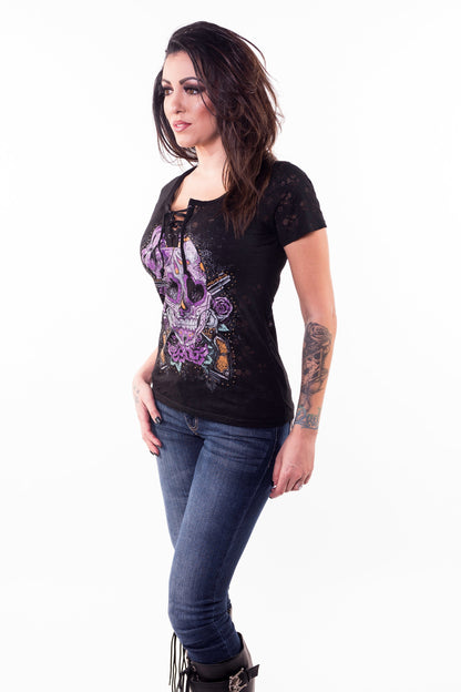 Vintage Day of the Dead Skull n Guns Burn Out Lace Up Tee