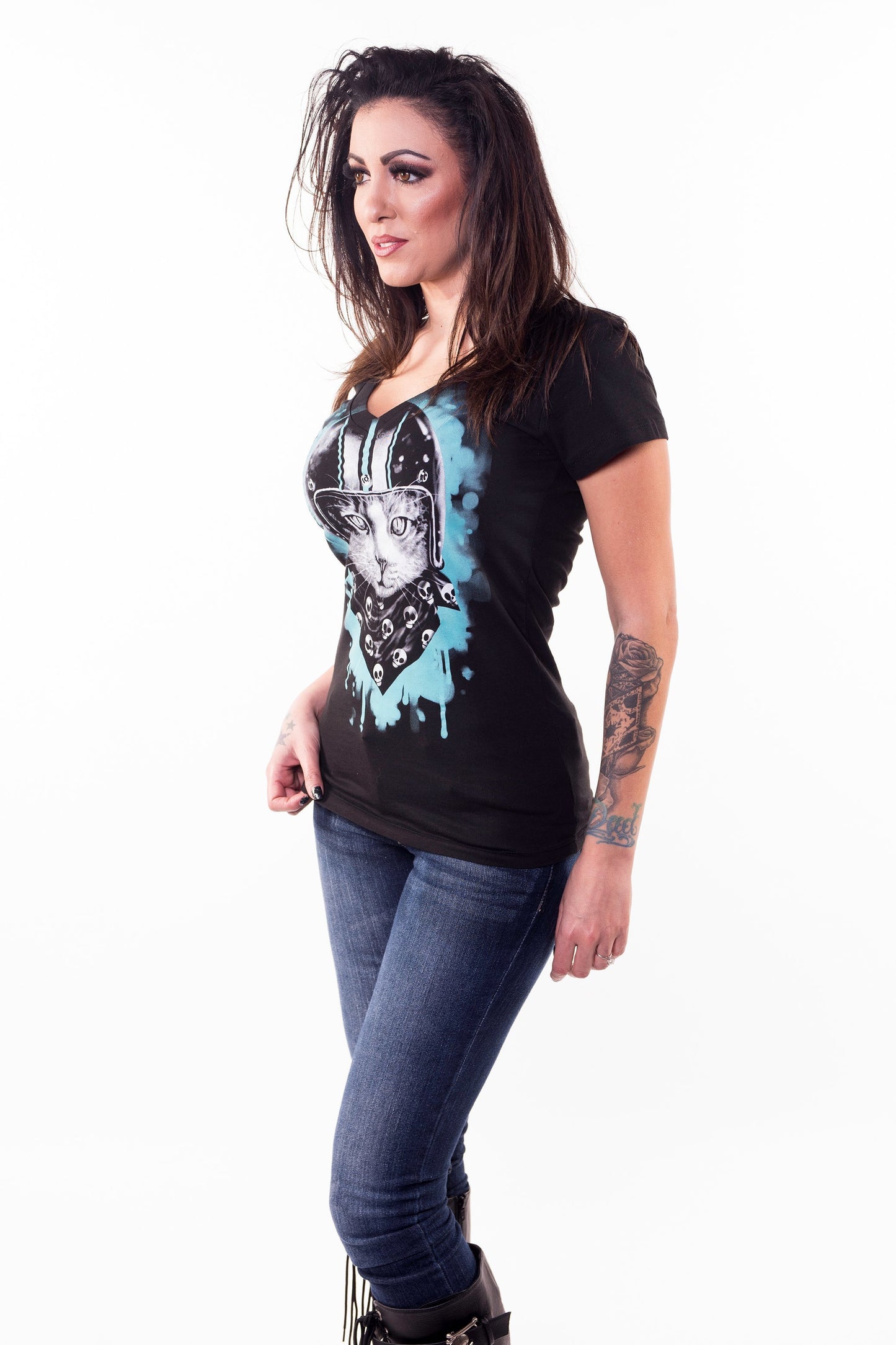 Biker Cat V Neck Tee