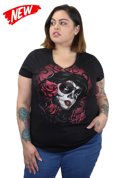 Red Catrina V Neck Tee