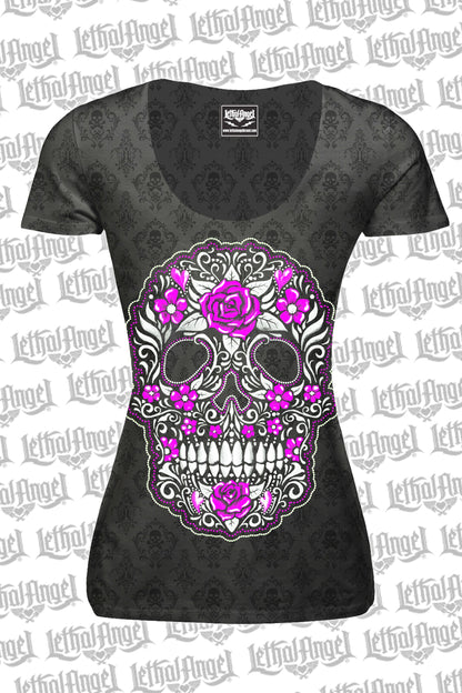 Skull of Flowers Scoop Neck Burn Out Tee