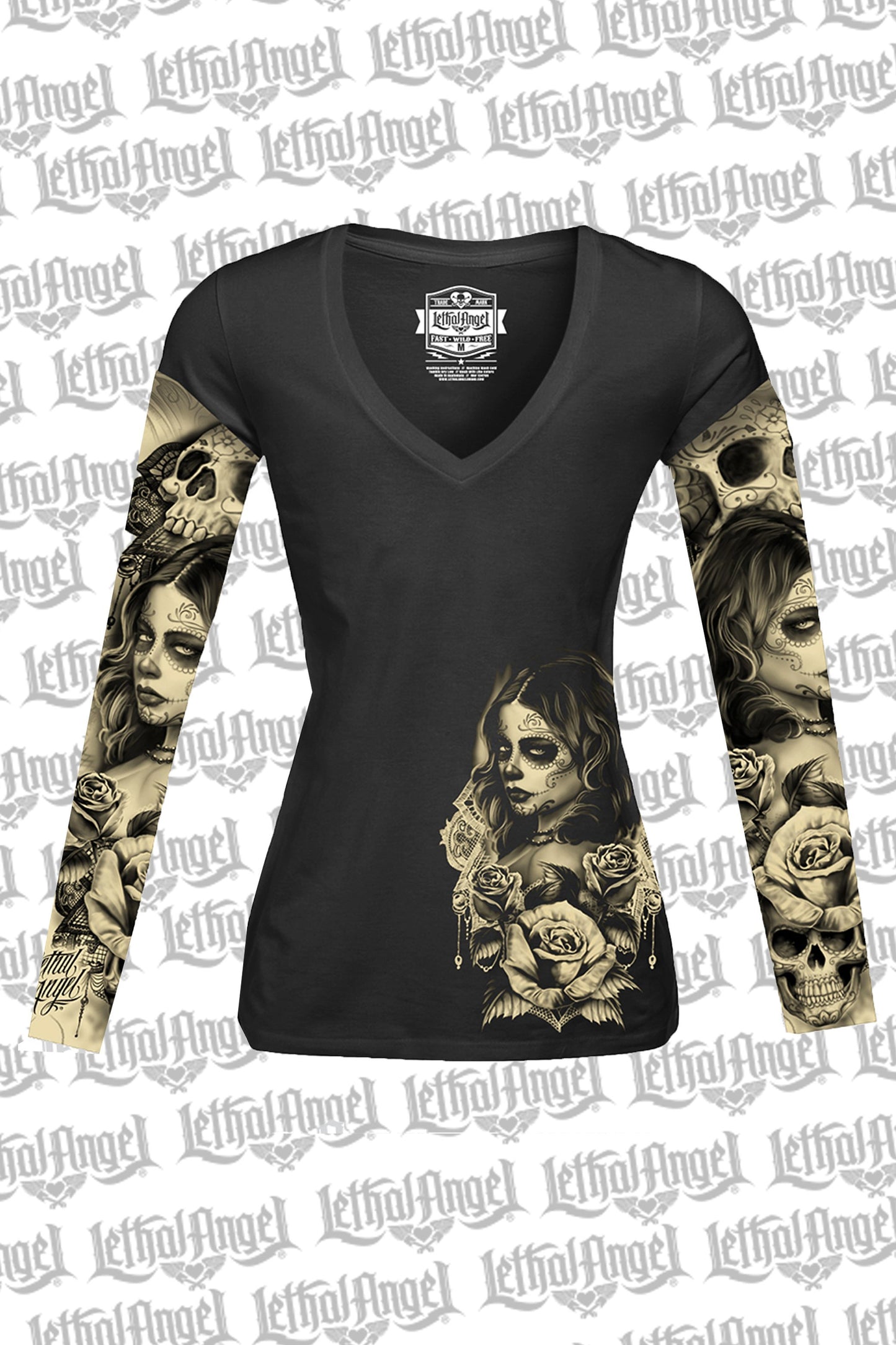 Love N Death Tattoo Sleeve V Neck Shirt